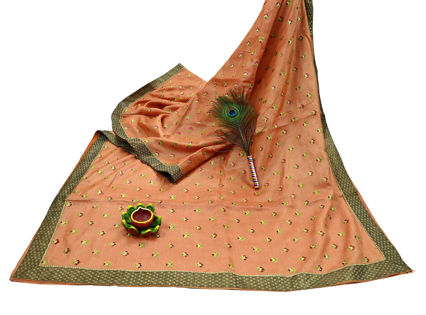 Indian Vintage Peach Sari Pure Tussar Silk Hand Embroidered Sarees Craft Fabric 5Yd Sewing Ethnic Sequins Dress making Crafting Quilting