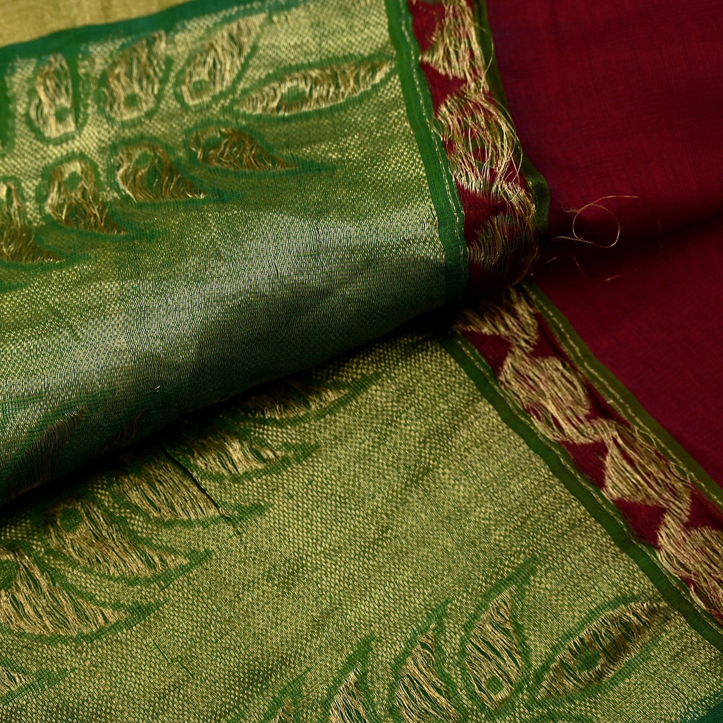 Indian Vintage Dupatta Green & maroon Long Stole Printed Woven Pure Chanderi Silk Indian Scarves Veil Golden Zari Soft Fringes
