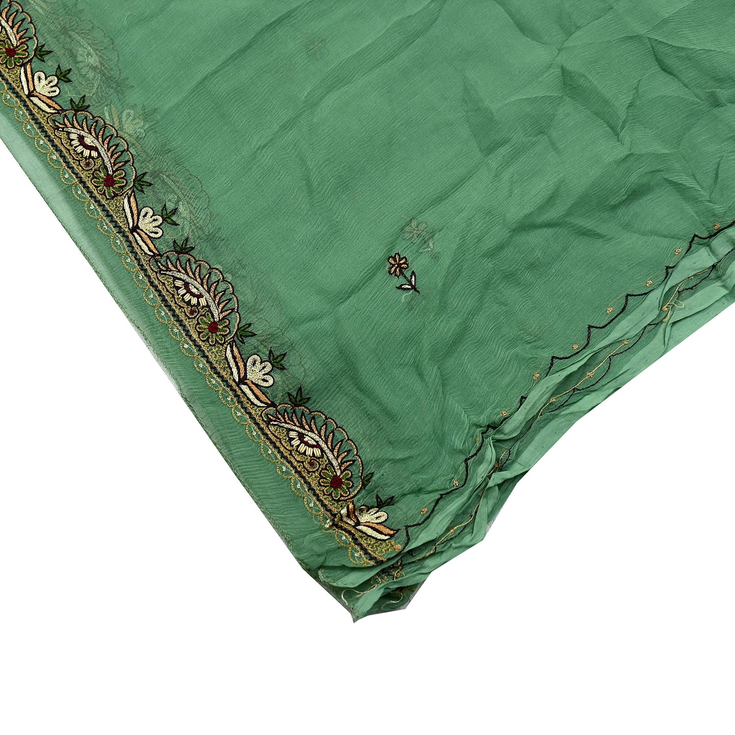 Indian Vintage Green Dupatta Pure Chiffon silk Long Stole Hand Embroidered Scarves Floral Design Stole Veil Wrap Zari Zardozi