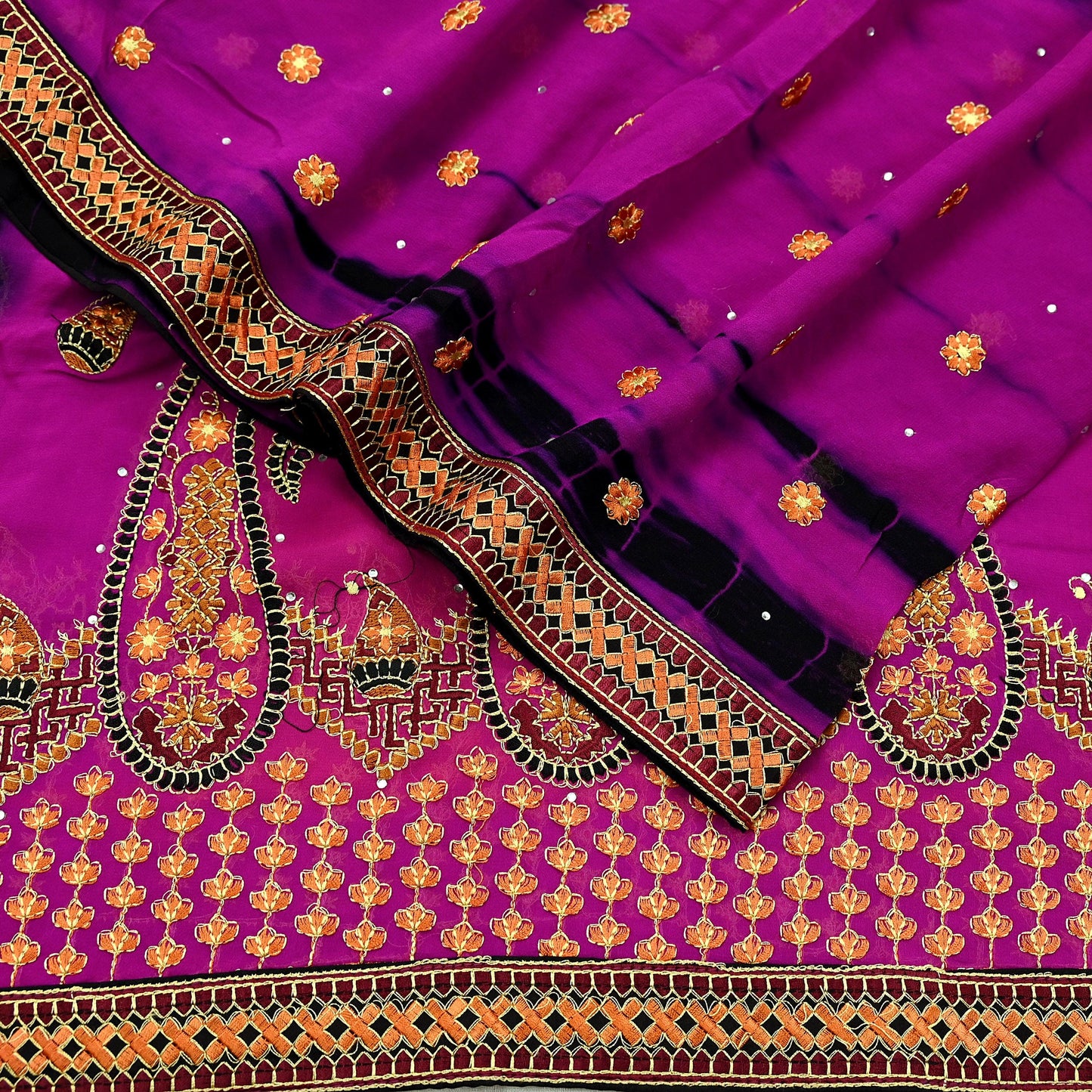 Indian Vintage Dupatta Purple & Black Pure Georgette silk Long Stole Embroidered Tie-Dye Scarves Stole Veil Wrap Sequins Zari