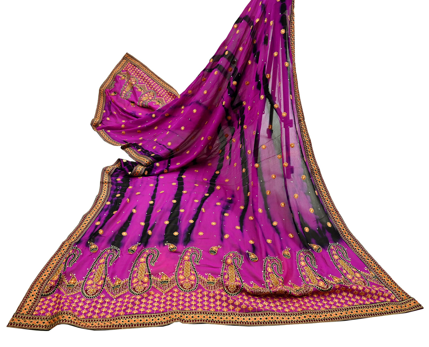 Indian Vintage Dupatta Purple & Black Pure Georgette silk Long Stole Embroidered Tie-Dye Scarves Stole Veil Wrap Sequins Zari