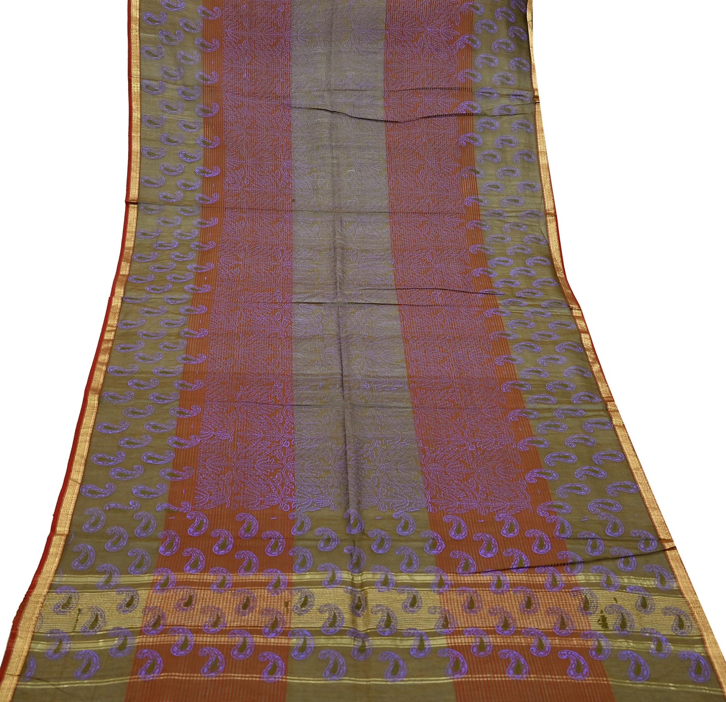 Indian Vintage Dupatta Long Stole Woven Block Painted Pure Chanderi Silk Indian Scarves Veil Golden Zari Floral Design For her