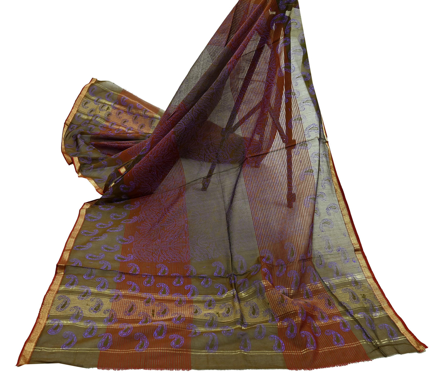 Indian Vintage Dupatta Long Stole Woven Block Painted Pure Chanderi Silk Indian Scarves Veil Golden Zari Floral Design For her