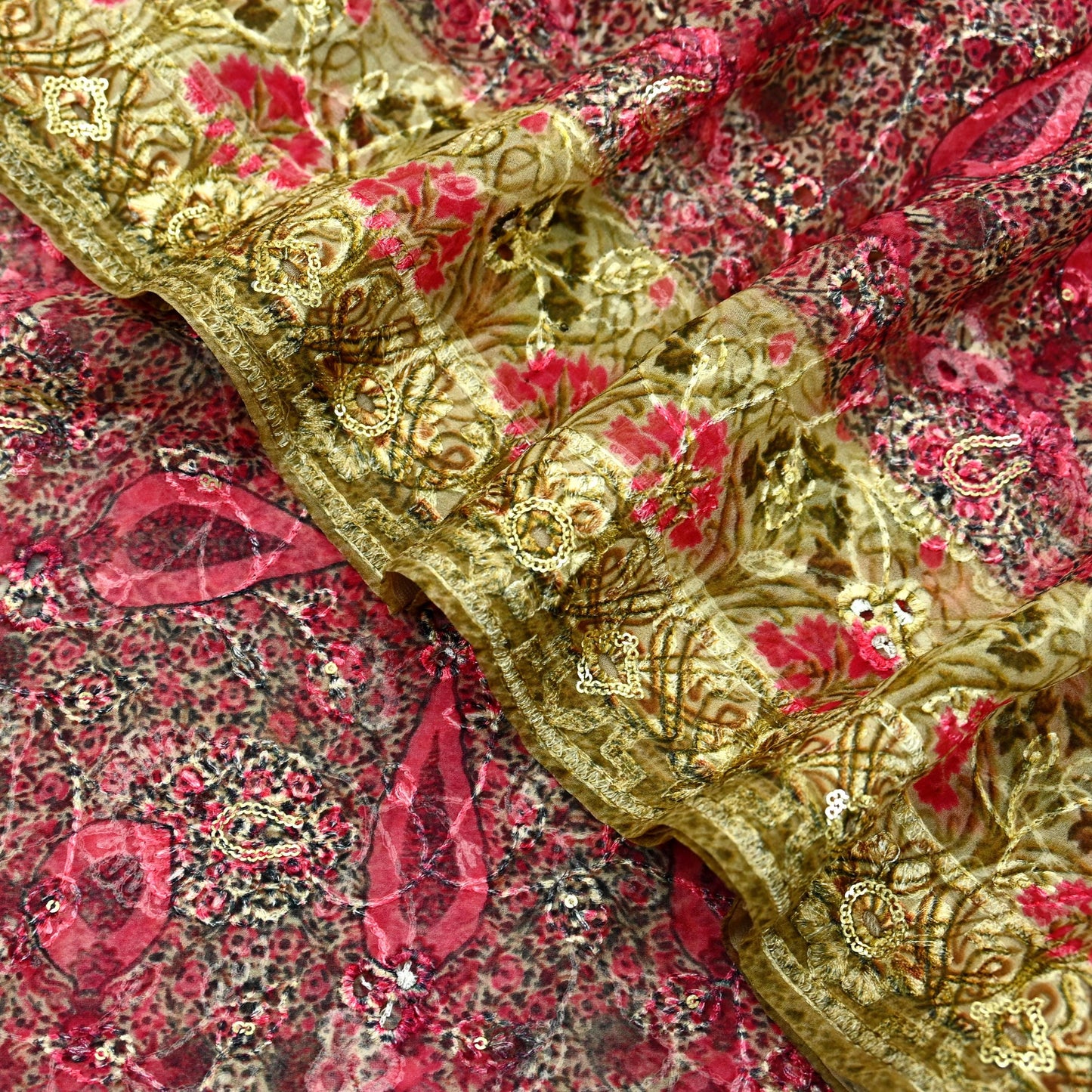 Indian Vintage Dupatta Beige & Pink Pure Georgette silk Long Stole Embroidered Scarves Stole Veil Wrap Sequins Zari
