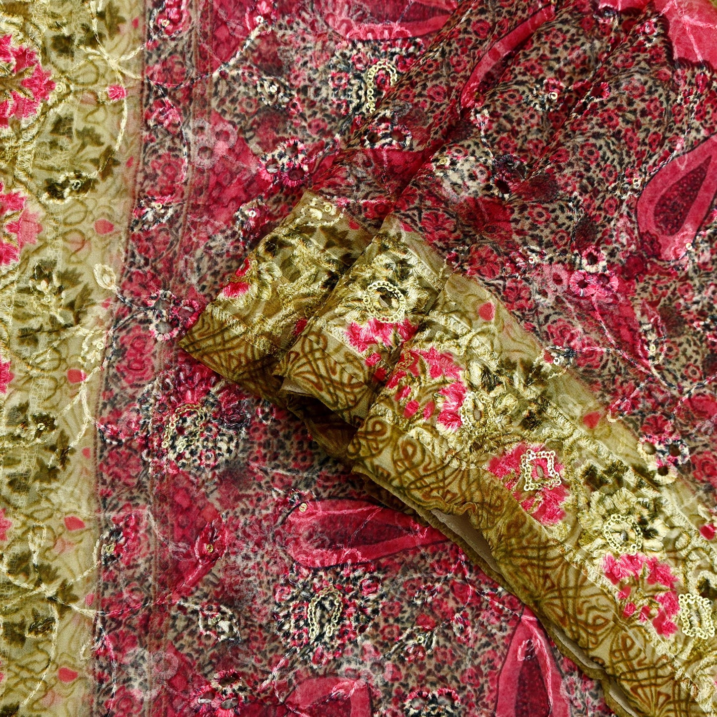 Indian Vintage Dupatta Beige & Pink Pure Georgette silk Long Stole Embroidered Scarves Stole Veil Wrap Sequins Zari