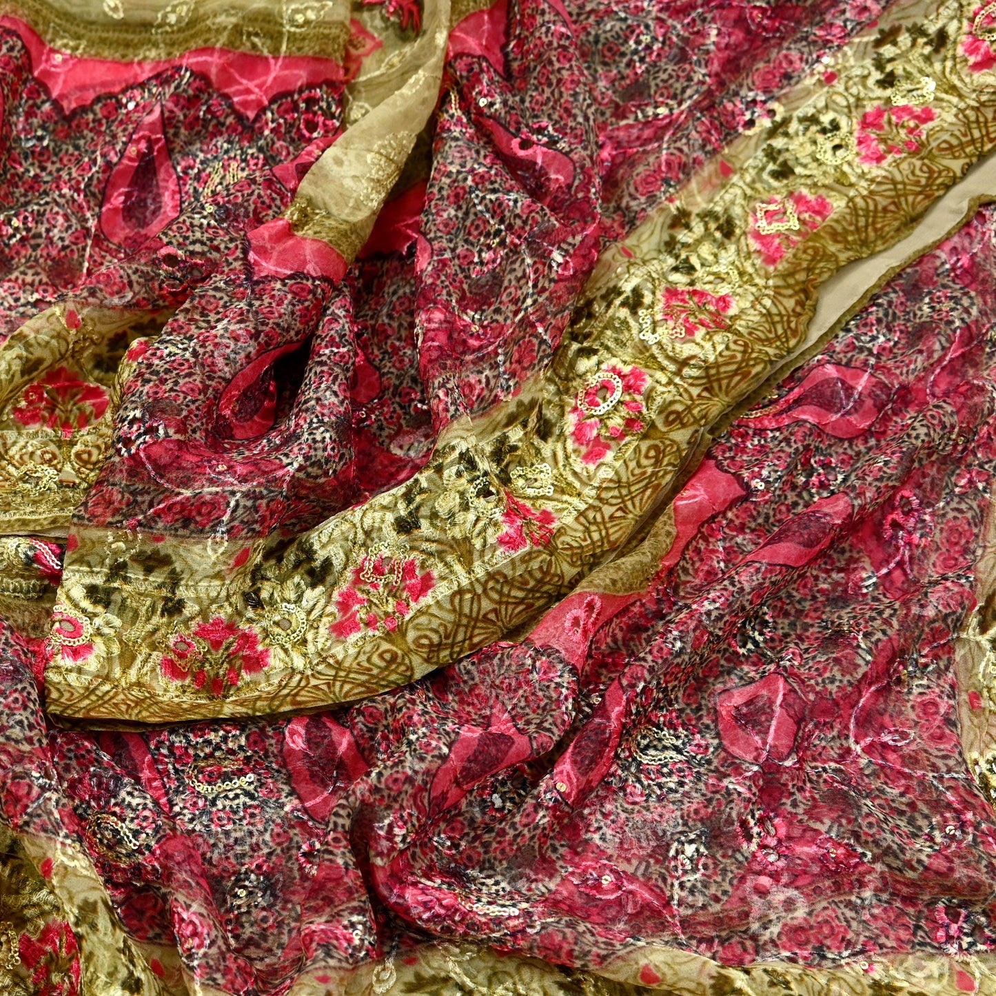 Indian Vintage Dupatta Beige & Pink Pure Georgette silk Long Stole Embroidered Scarves Stole Veil Wrap Sequins Zari
