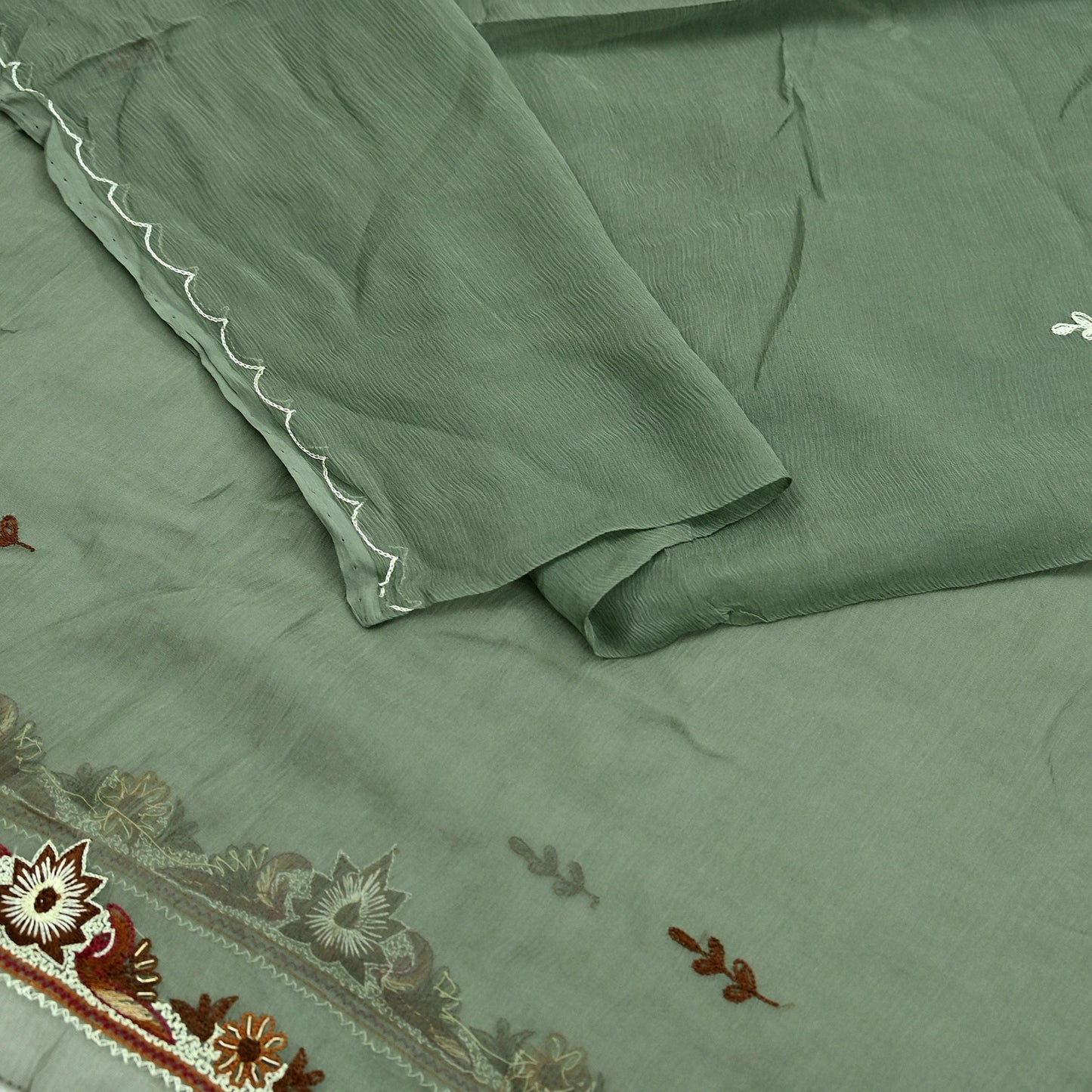 Indian Vintage Green Dupatta Pure Chiffon silk Long Stole Hand Embroidered Scarves Floral Design Stole Veil Wrap