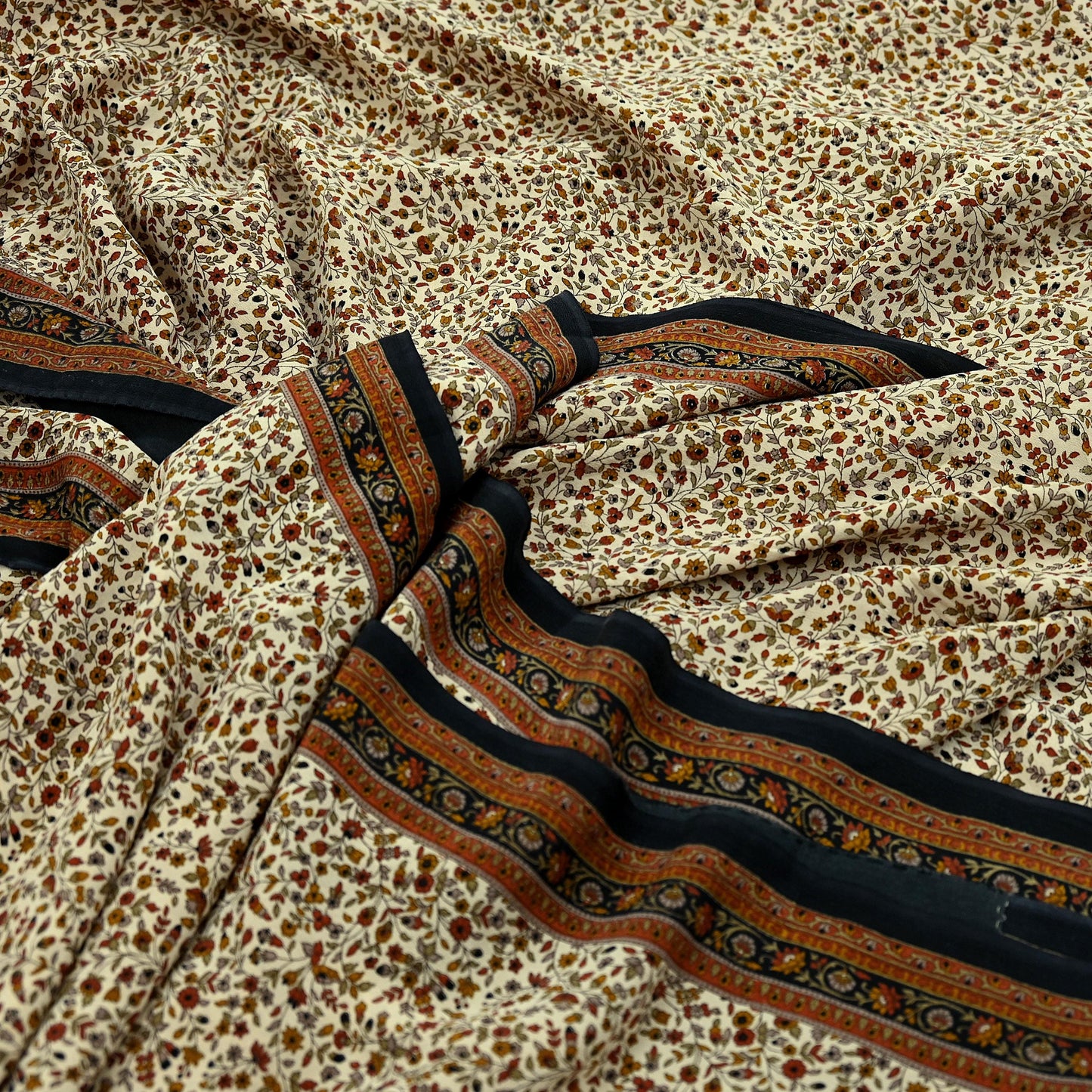 Indian Vintage Beige & Black Saree Pure Crepe Silk Printed Sari Craft Fabric 5yd Sewing Floral Soft Wrap Dress making Crafting Quilting