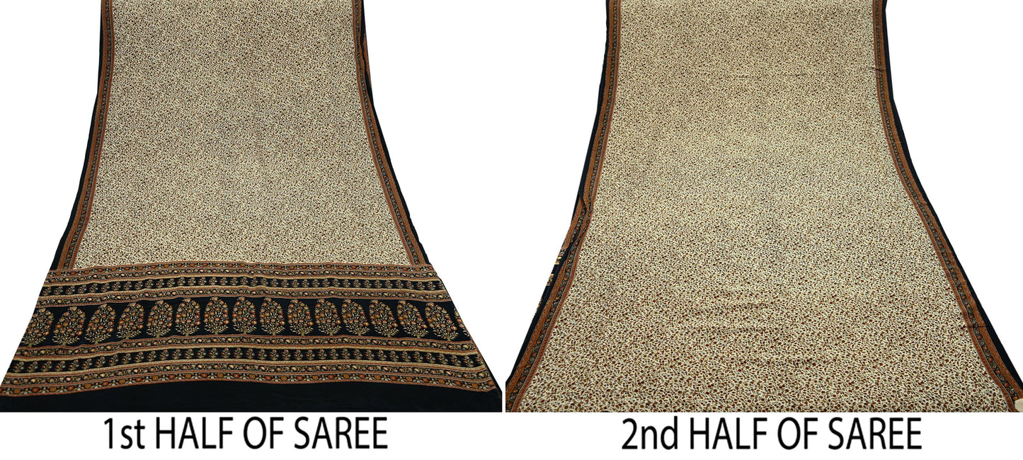 Indian Vintage Beige & Black Saree Pure Crepe Silk Printed Sari Craft Fabric 5yd Sewing Floral Soft Wrap Dress making Crafting Quilting