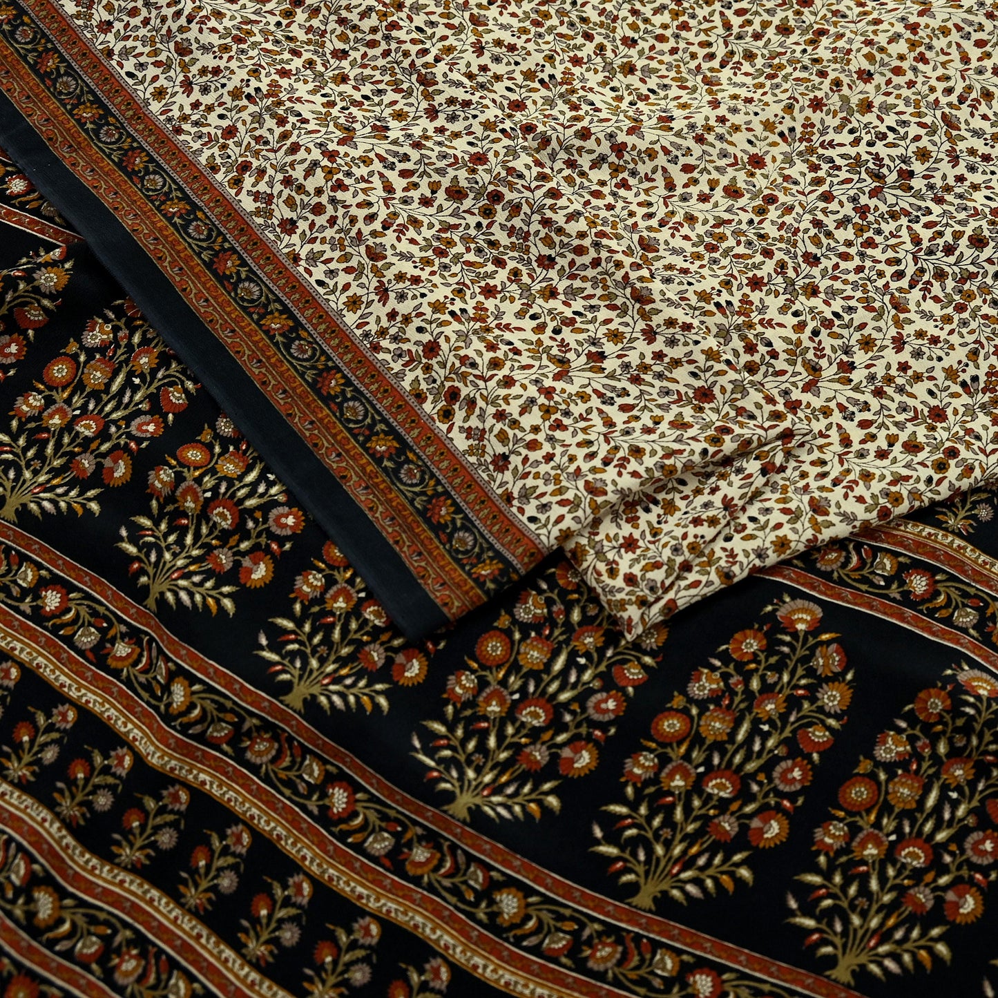 Indian Vintage Beige & Black Saree Pure Crepe Silk Printed Sari Craft Fabric 5yd Sewing Floral Soft Wrap Dress making Crafting Quilting