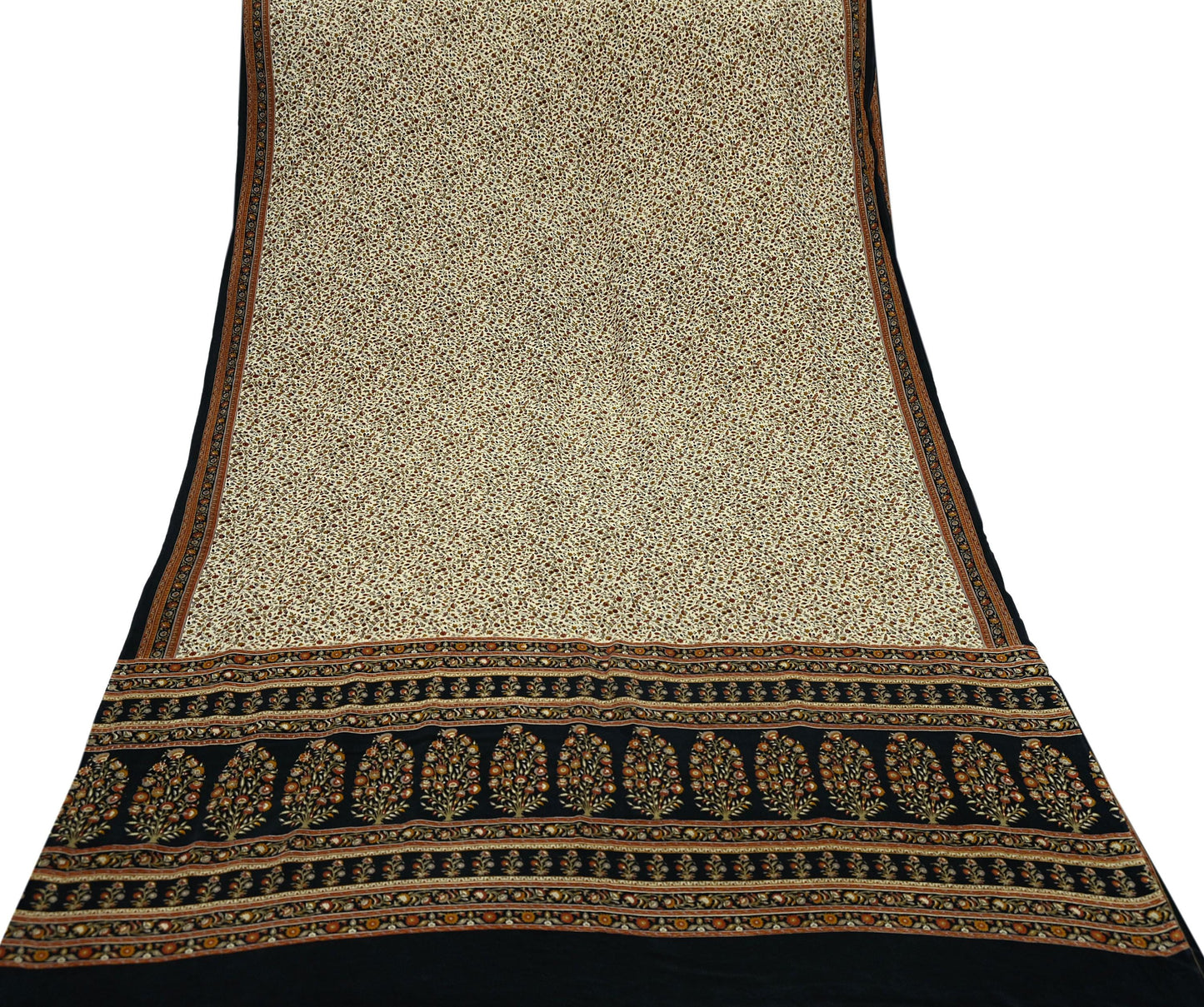 Indian Vintage Beige & Black Saree Pure Crepe Silk Printed Sari Craft Fabric 5yd Sewing Floral Soft Wrap Dress making Crafting Quilting