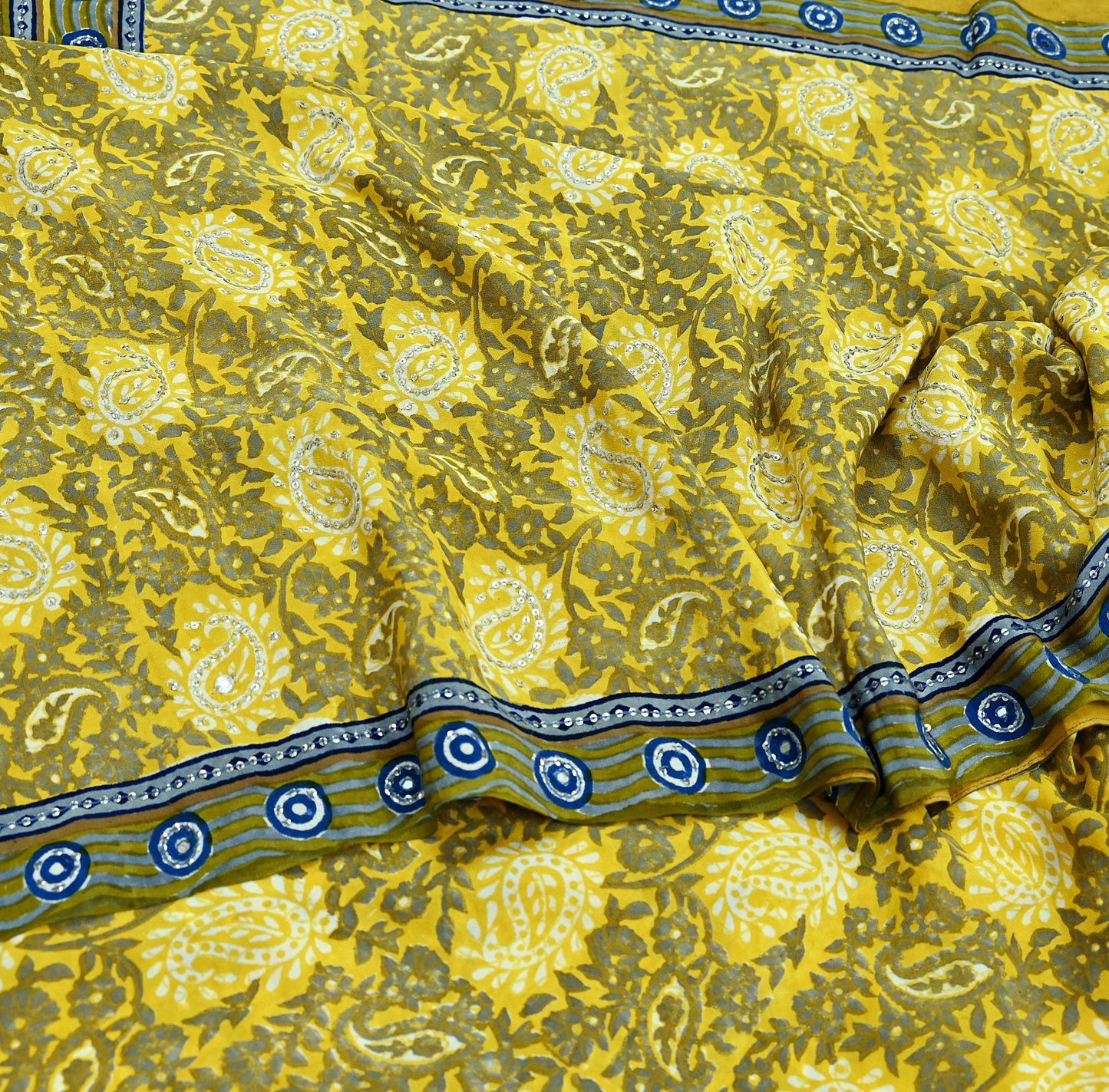 Indian Vintage Sari Gray & Yellow Pure Crepe Silk Hand Embroidered Saree 6yd Sewing Floral Craft Sequins Dress making Crafting Quilting