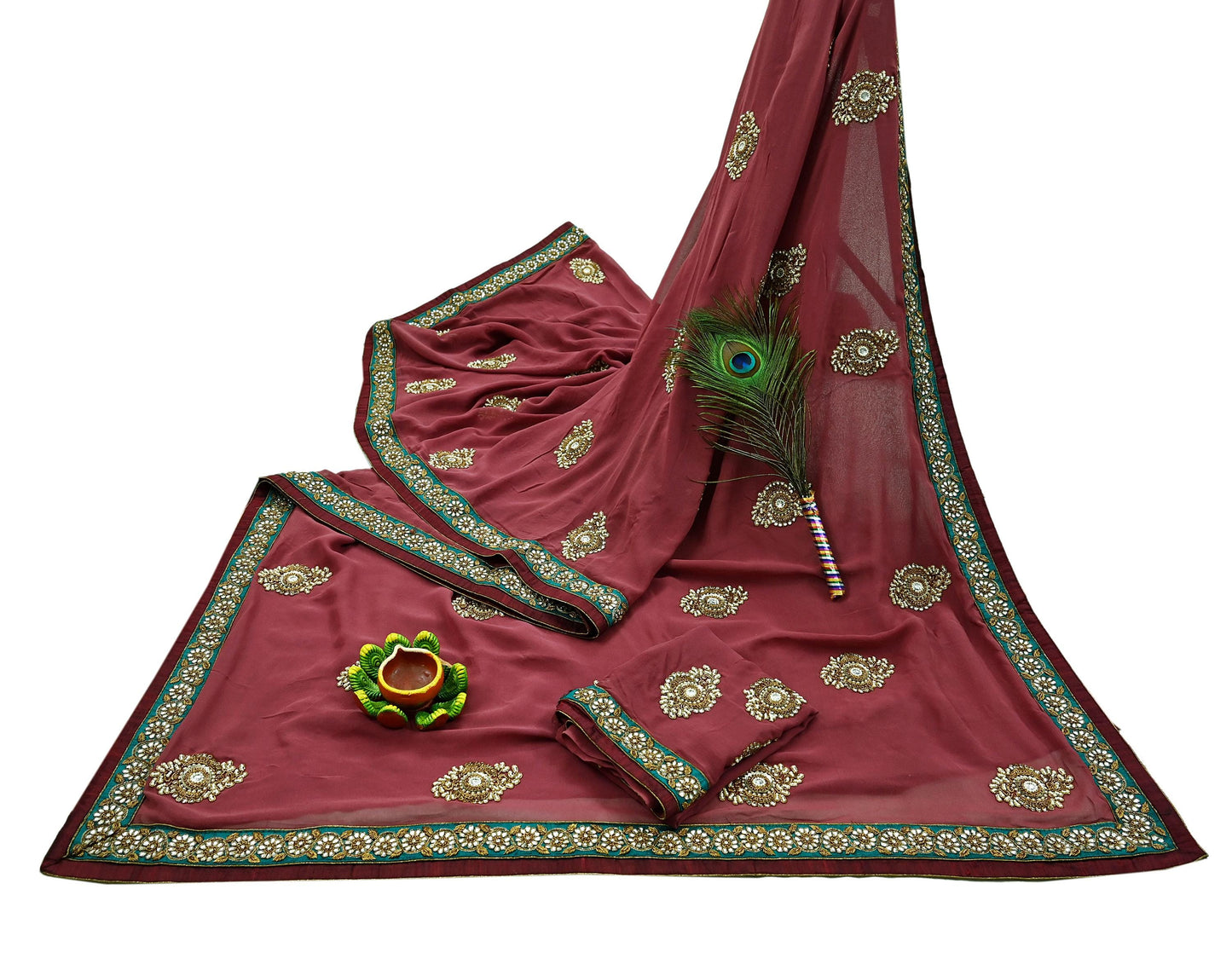 Indian Vintage Heavy Sarees Pink Pure Georgette Silk Hand Embroidered Sari Fabric 6Yd Sewing Ethnic Zardozi/dabka zari With Blouse Pcs