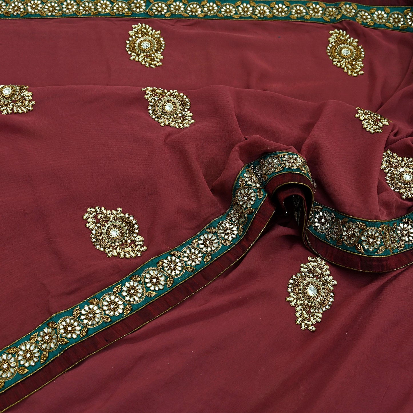 Indian Vintage Heavy Sarees Pink Pure Georgette Silk Hand Embroidered Sari Fabric 6Yd Sewing Ethnic Zardozi/dabka zari With Blouse Pcs