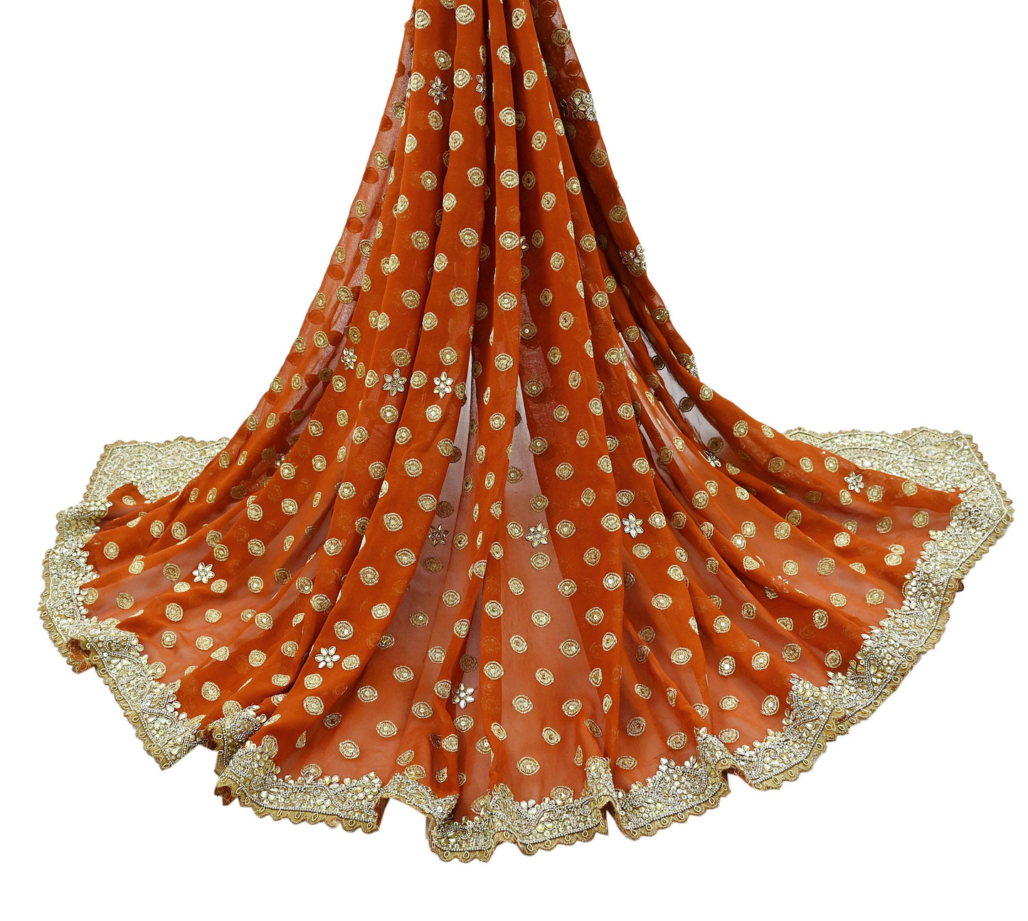 Indian Vintage Heavy Orange Dupatta Pure Georgette Silk Long Stole Hand Embroidered Scarf Zari Zardozi Bridal/ Wedding Veil Hijab