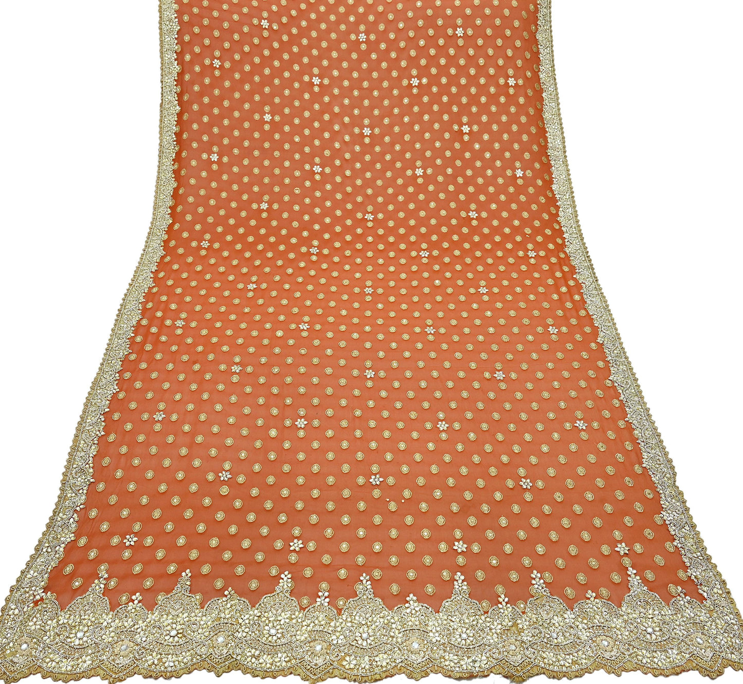 Indian Vintage Heavy Orange Dupatta Pure Georgette Silk Long Stole Hand Embroidered Scarf Zari Zardozi Bridal/ Wedding Veil Hijab