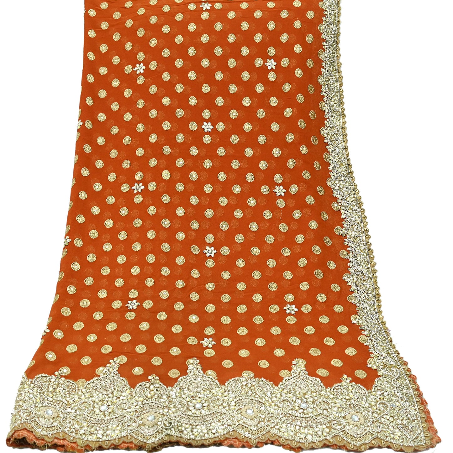 Indian Vintage Heavy Orange Dupatta Pure Georgette Silk Long Stole Hand Embroidered Scarf Zari Zardozi Bridal/ Wedding Veil Hijab