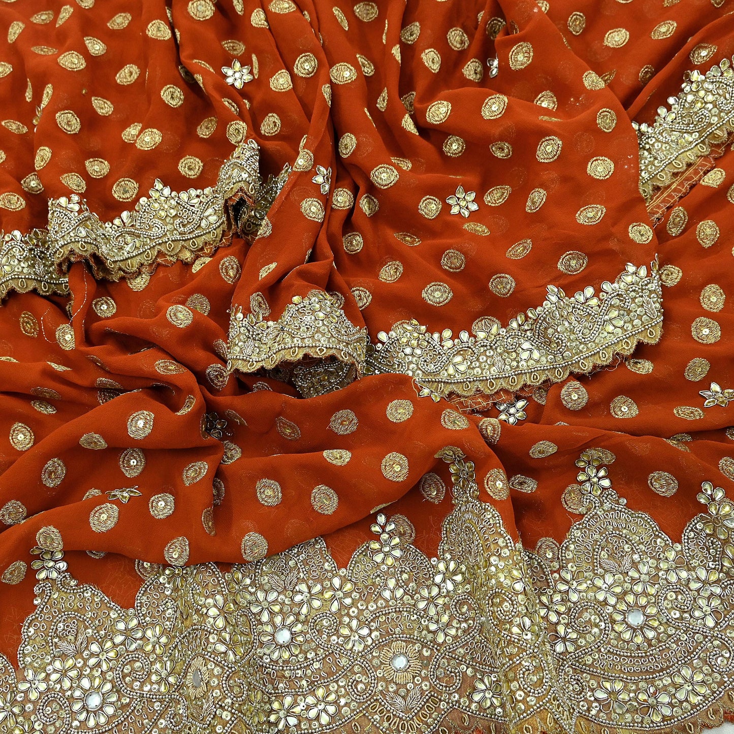Indian Vintage Heavy Orange Dupatta Pure Georgette Silk Long Stole Hand Embroidered Scarf Zari Zardozi Bridal/ Wedding Veil Hijab