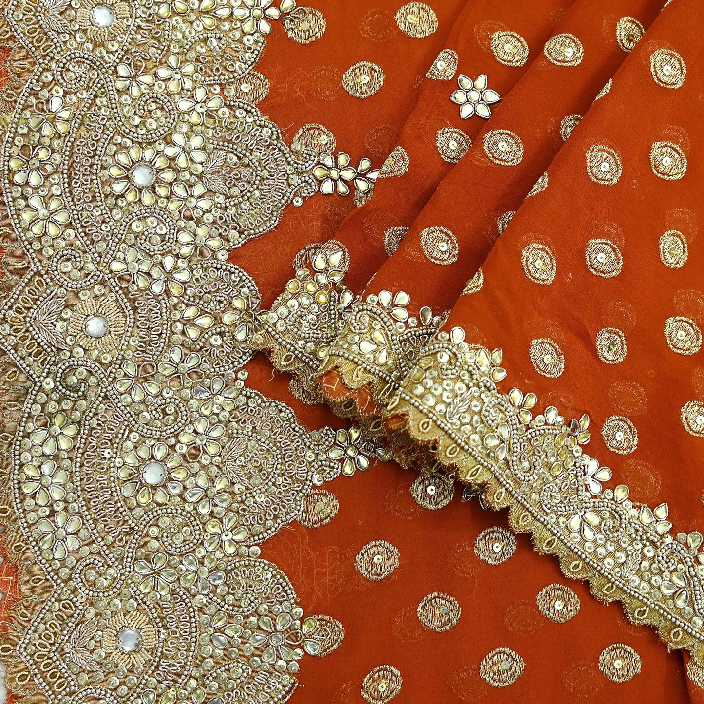 Indian Vintage Heavy Orange Dupatta Pure Georgette Silk Long Stole Hand Embroidered Scarf Zari Zardozi Bridal/ Wedding Veil Hijab