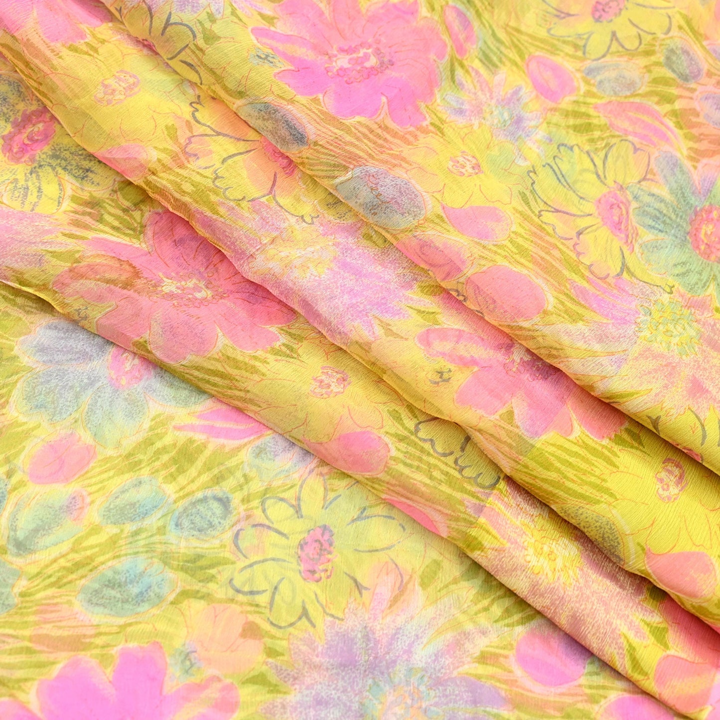 Indian Women Vintage Yellow Saree Pure Chiffon Silk Printed Sari Craft Fabric Sewing 5Yd Soft Light Sari Dress Making Floral