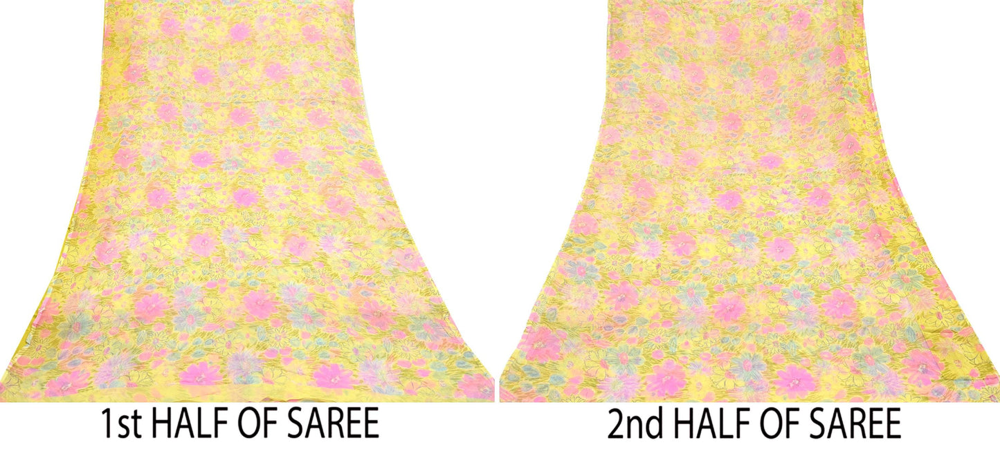 Indian Women Vintage Yellow Saree Pure Chiffon Silk Printed Sari Craft Fabric Sewing 5Yd Soft Light Sari Dress Making Floral