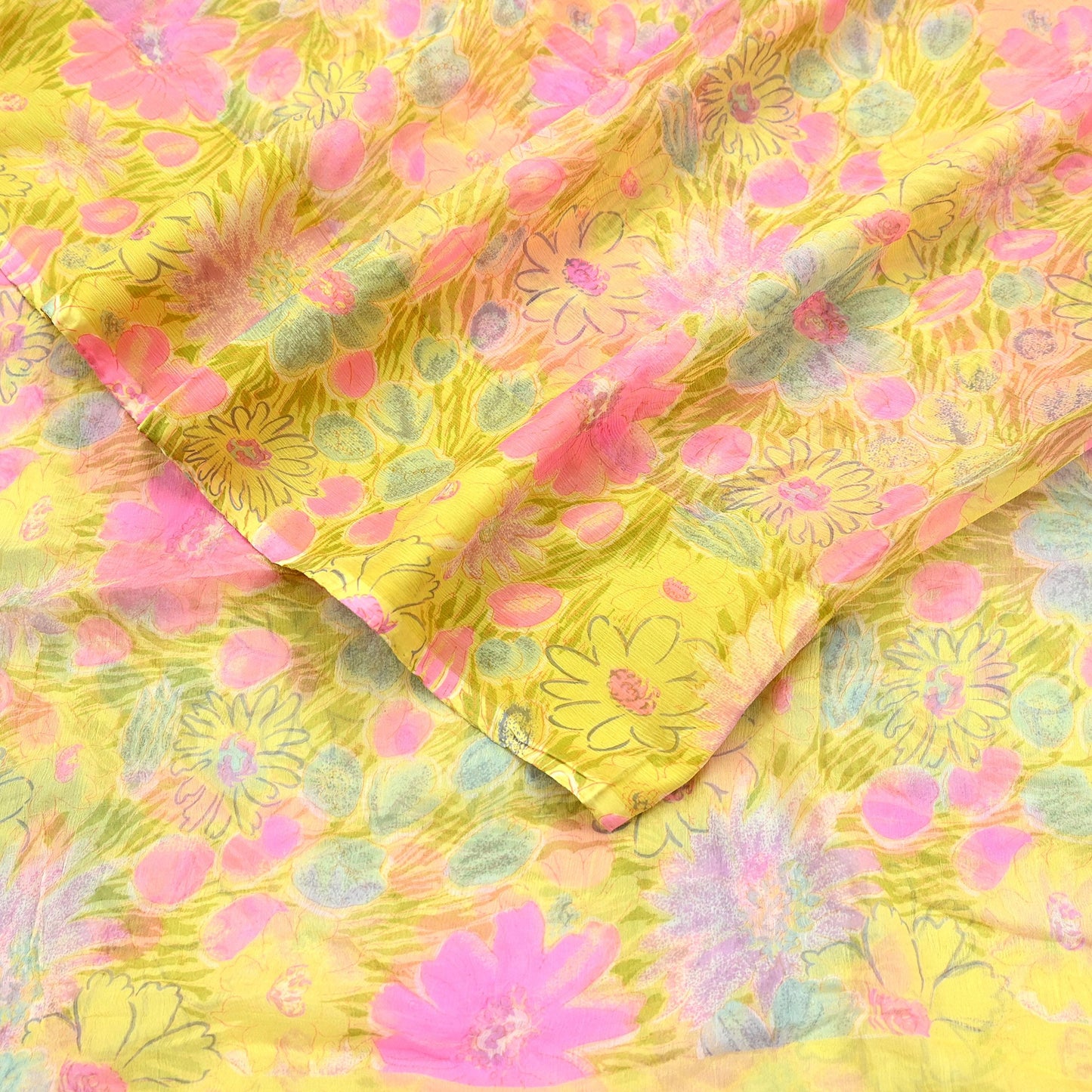 Indian Women Vintage Yellow Saree Pure Chiffon Silk Printed Sari Craft Fabric Sewing 5Yd Soft Light Sari Dress Making Floral