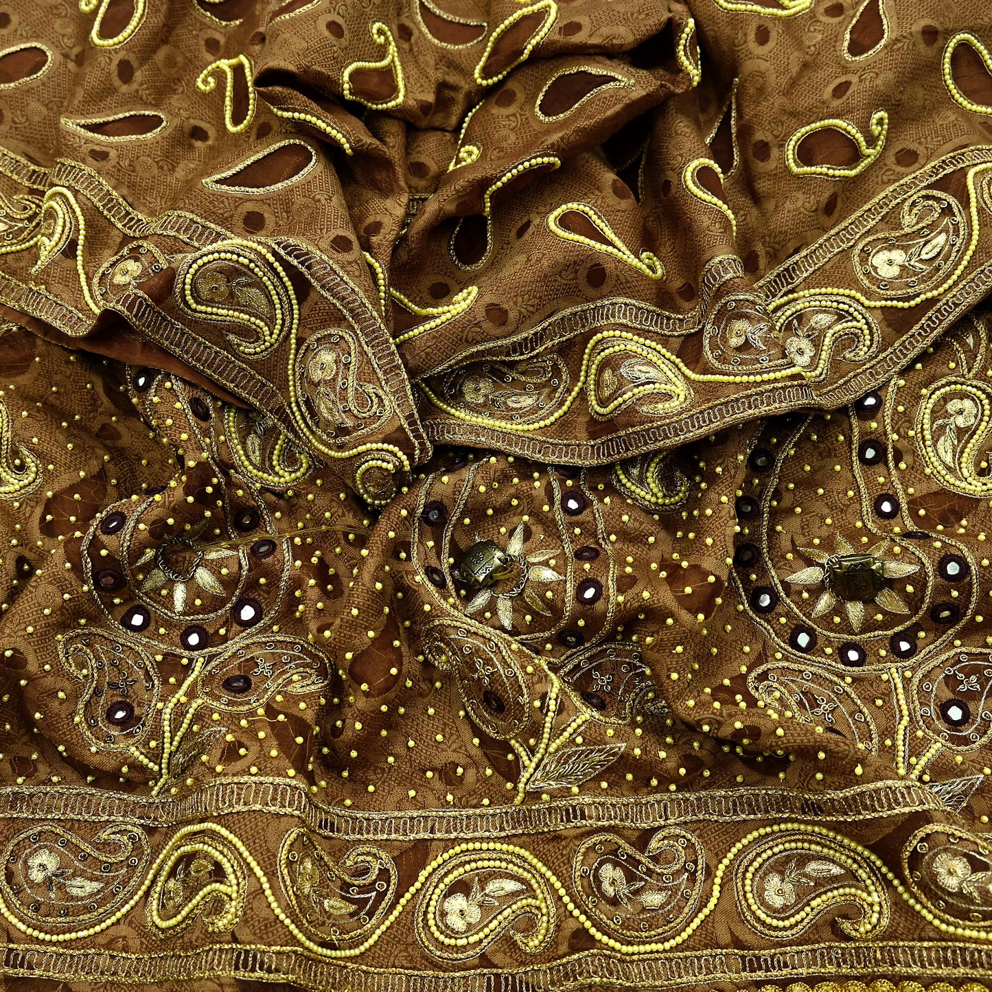 Indian Vintage Heavy Wedding Brown Dupatta Pure Organza Silk Long Stole Hand Embroidered Scarves Zardozi Zari Bridal Veil Wrap Hijab