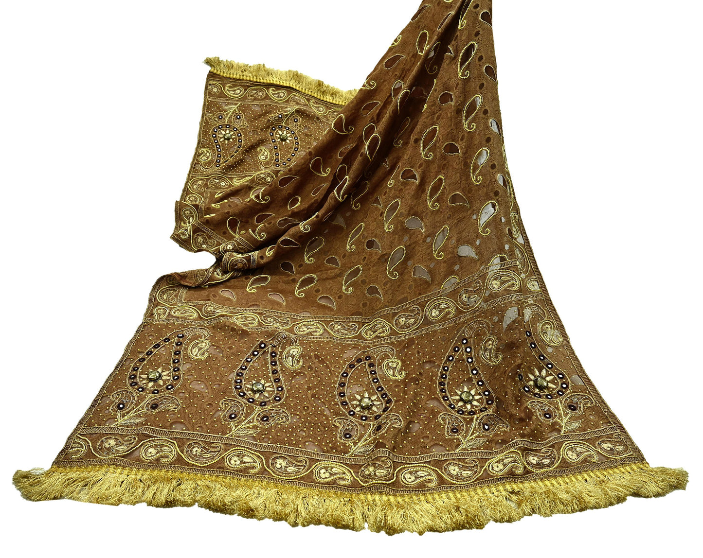 Indian Vintage Heavy Wedding Brown Dupatta Pure Organza Silk Long Stole Hand Embroidered Scarves Zardozi Zari Bridal Veil Wrap Hijab