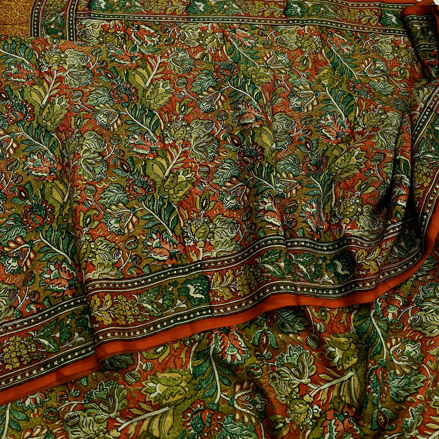 Indian Vintage Sari Orange & Green 100% Pure Silk Printed Saree Craft Fabric 5yd Sewing Dress Making Soft Wrap Quilting Crafting Upcycle