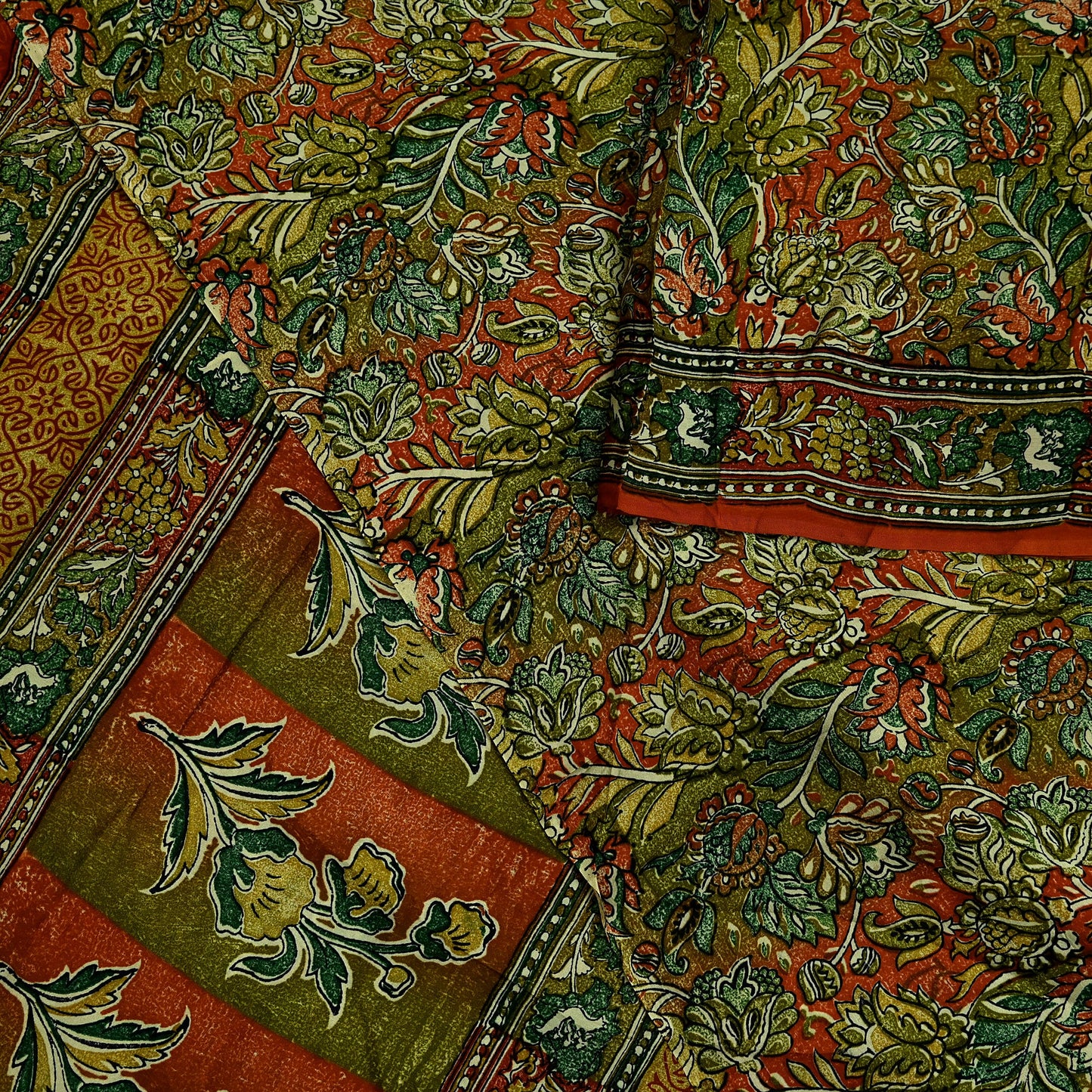 Indian Vintage Sari Orange & Green 100% Pure Silk Printed Saree Craft Fabric 5yd Sewing Dress Making Soft Wrap Quilting Crafting Upcycle
