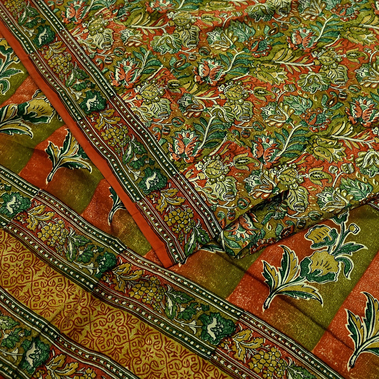 Indian Vintage Sari Orange & Green 100% Pure Silk Printed Saree Craft Fabric 5yd Sewing Dress Making Soft Wrap Quilting Crafting Upcycle