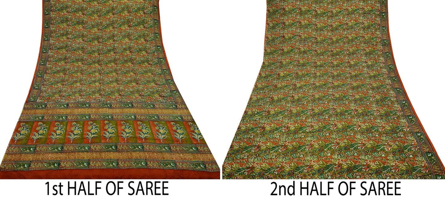 Indian Vintage Sari Orange & Green 100% Pure Silk Printed Saree Craft Fabric 5yd Sewing Dress Making Soft Wrap Quilting Crafting Upcycle