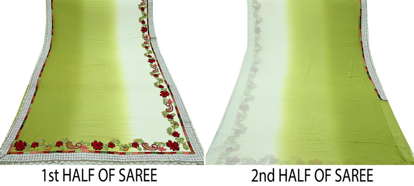 Indian Vintage Heavy Sarees Green & White Pure Georgette Silk Hand Embroidered Sari Fabric 5Yd Sewing Ethnic Sequins Wedding sarees