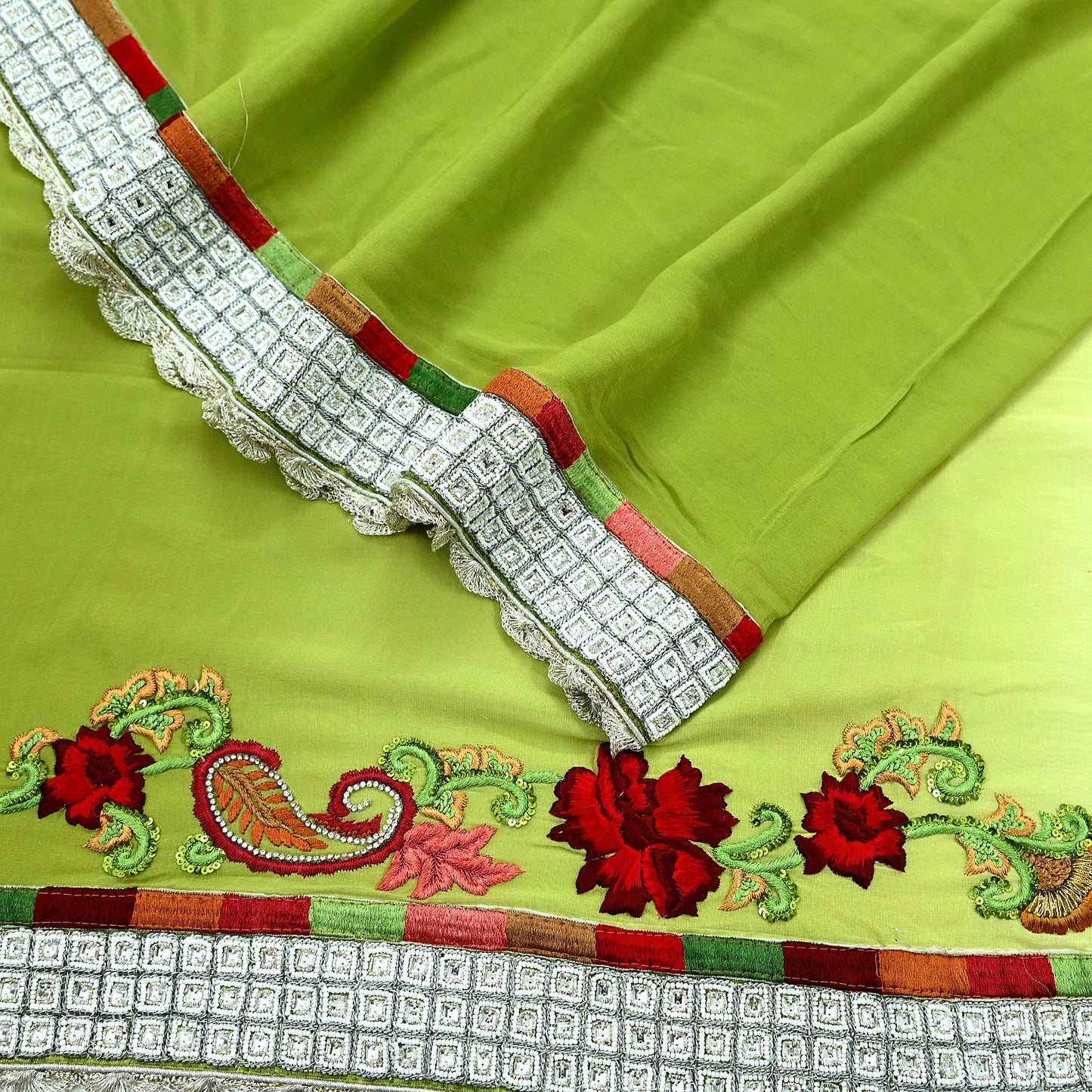 Indian Vintage Heavy Sarees Green & White Pure Georgette Silk Hand Embroidered Sari Fabric 5Yd Sewing Ethnic Sequins Wedding sarees