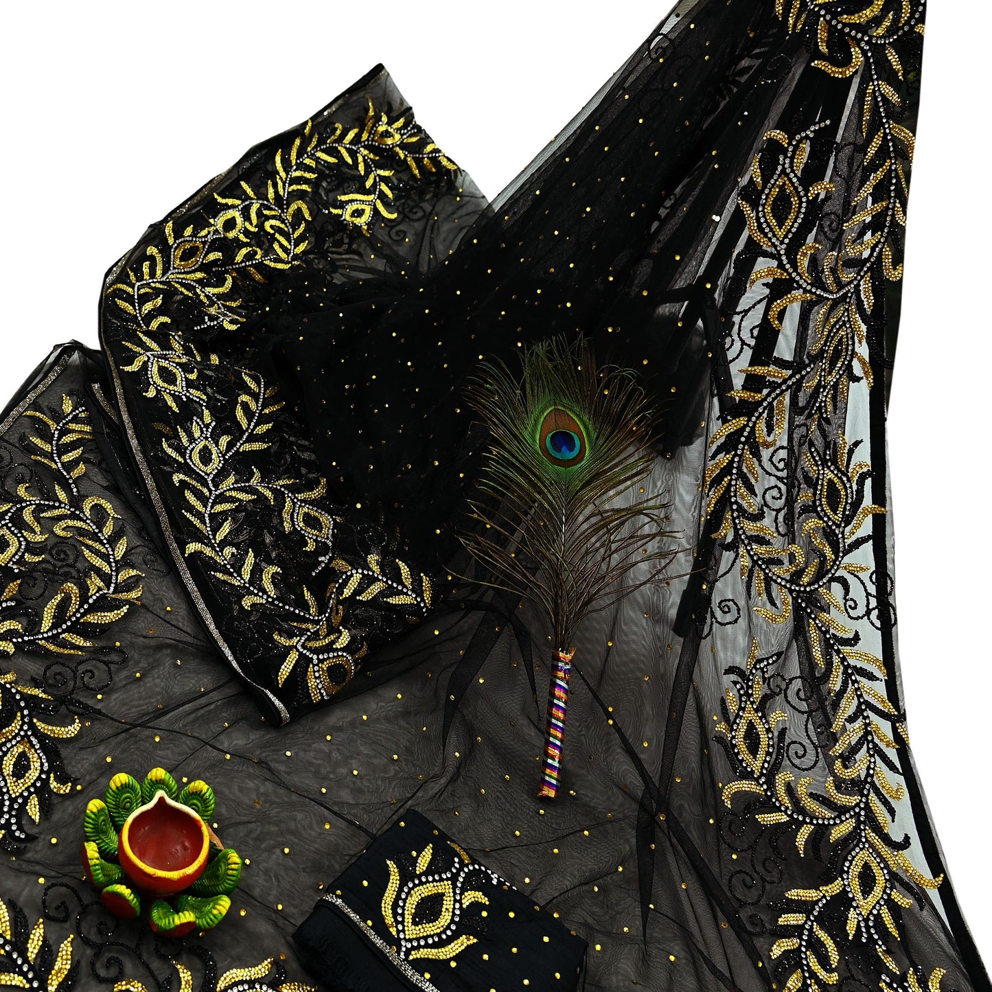Indian Heavy Sari Black Net/Mesh Hand Embroidered Sarees Craft Fabric 6Yd Sewing Soft Zardozi Wedding sarees With Blouse fabric