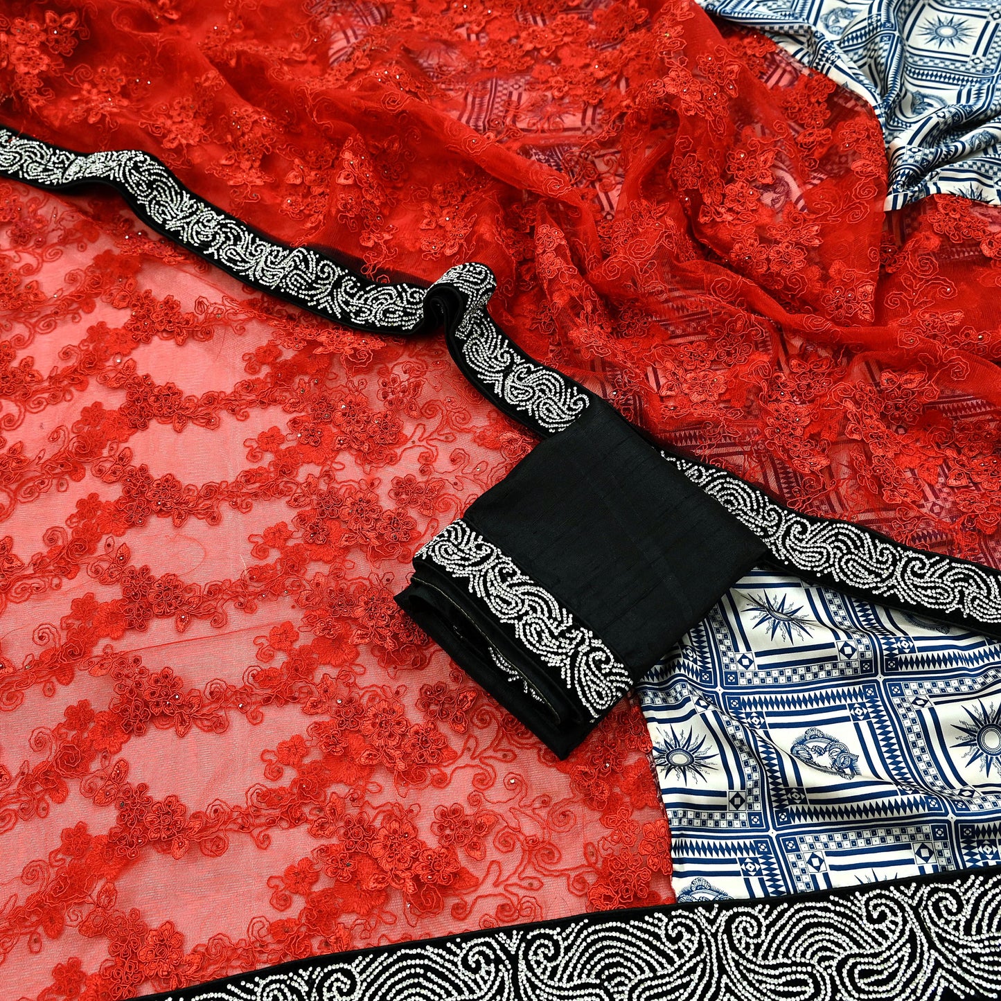 Indian Vintage Heavy Wedding Sari Satin Silk Net/Mesh Hand Beaded Sarees Fabric 6Yd Sewing Ethnic With Matching Unstitched Blouse Fabric