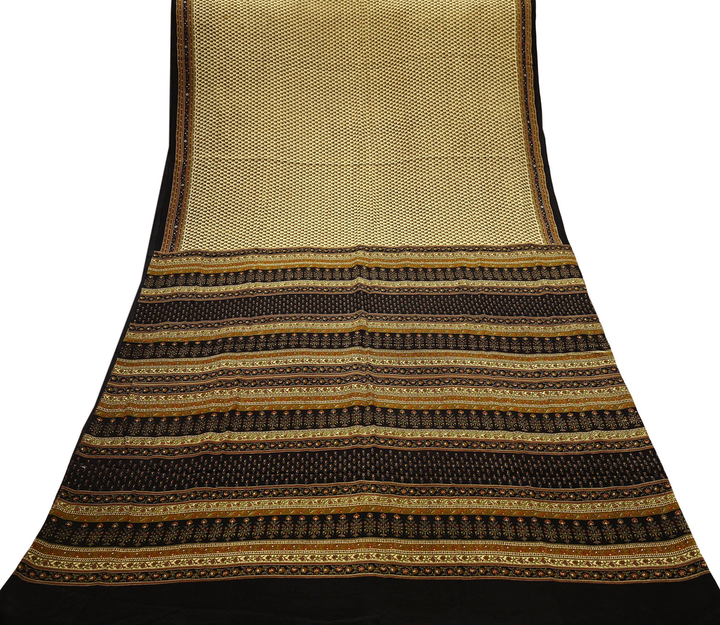 Indian Vintage Beige & Black Saree Pure Crepe Silk Printed Sari Craft Fabric 5yd Sewing Floral Soft Wrap Dress making Crafting Quilting