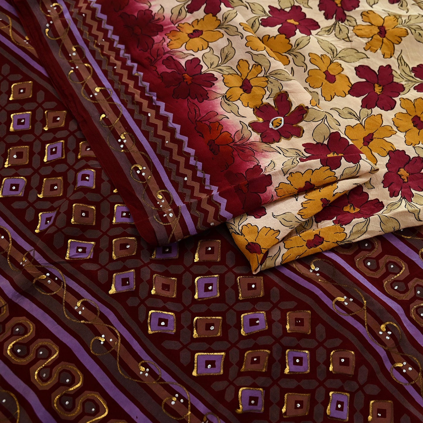 Indian Vintage Sari Maroon & Beige Pure Crepe Silk Hand Painted Saree 5yd Sewing Floral Craft Fabric Wrap Dress Making Quilting Crafting