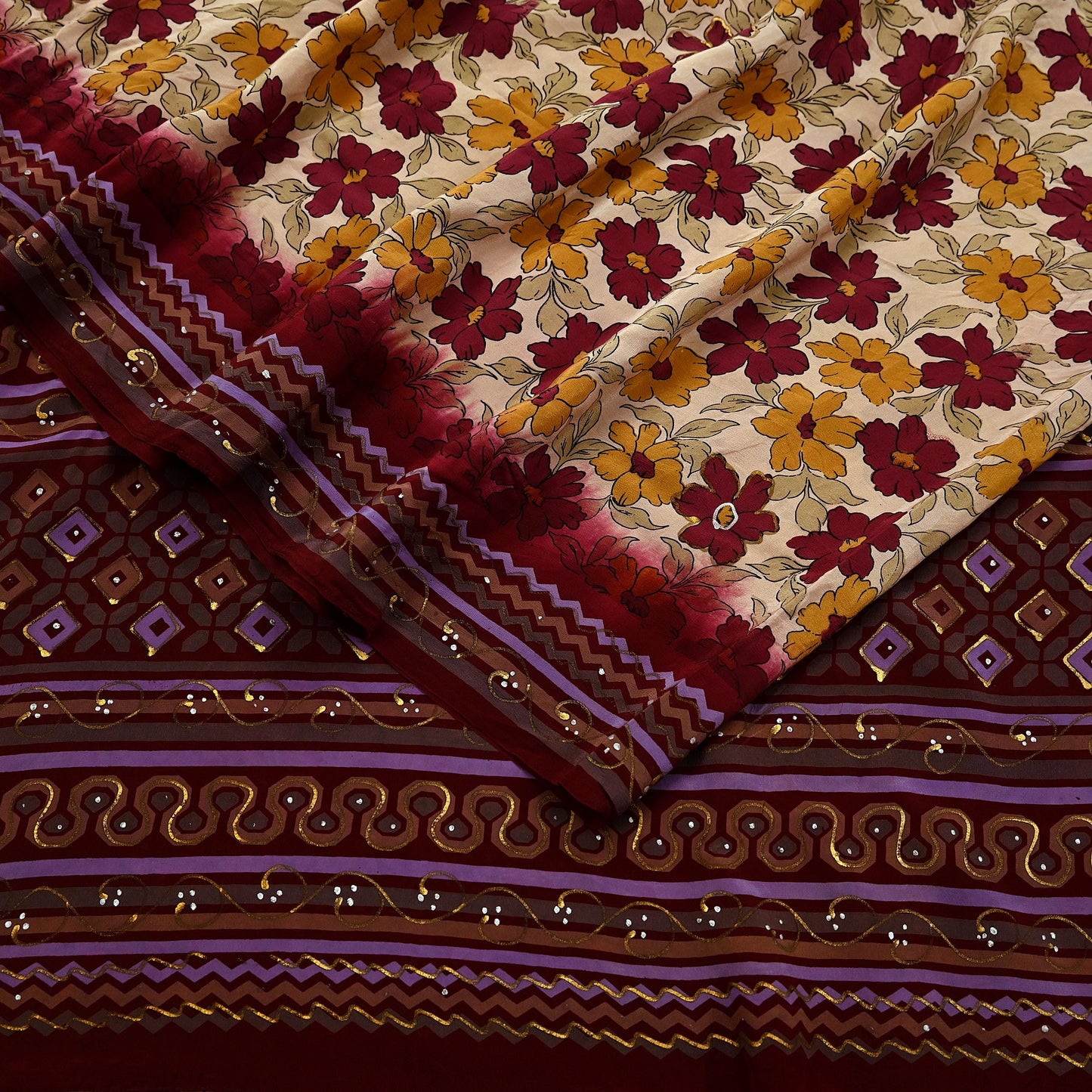 Indian Vintage Sari Maroon & Beige Pure Crepe Silk Hand Painted Saree 5yd Sewing Floral Craft Fabric Wrap Dress Making Quilting Crafting