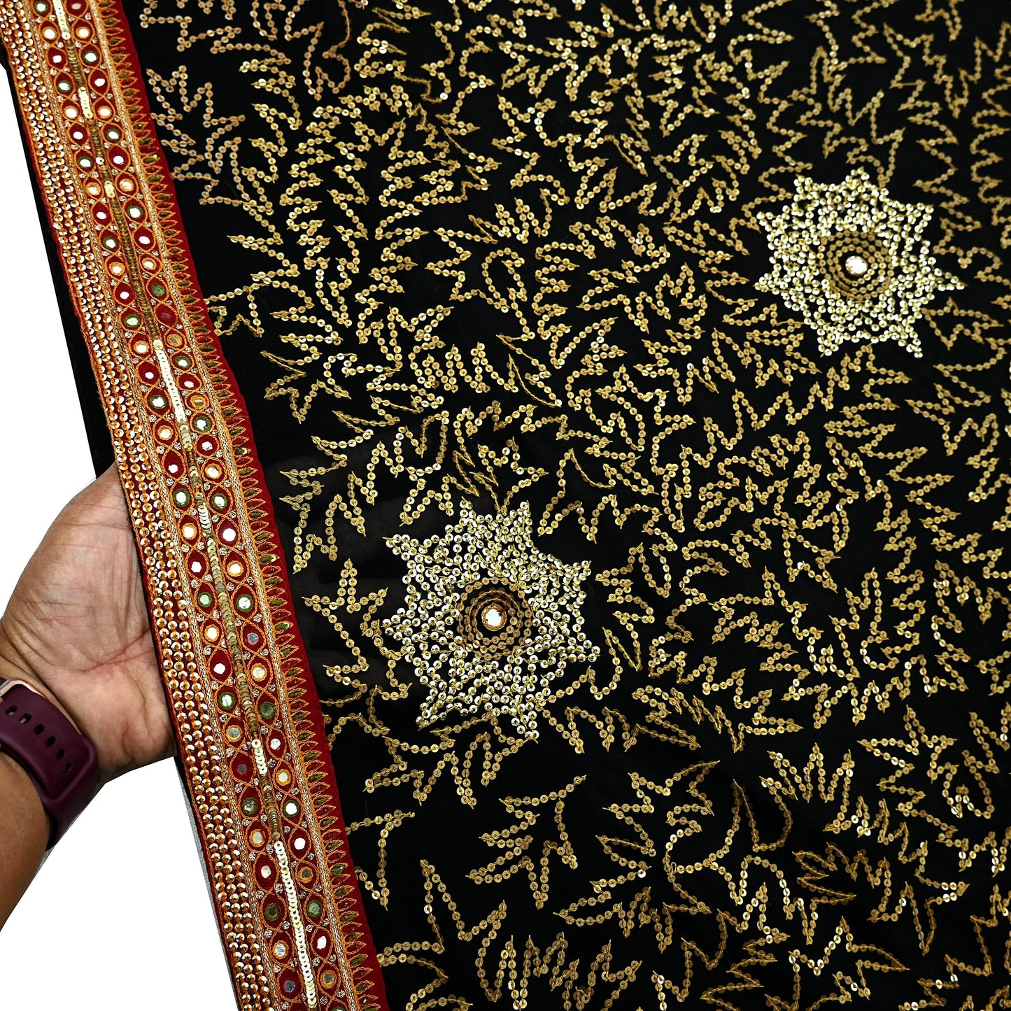 Indian Vintage Heavy Sari Black Pure Georgette Silk Hand Beaded Sarees Fabric 5Yd Sewing Soft Ethnic Glass Beaded Dress Making Silk sarees