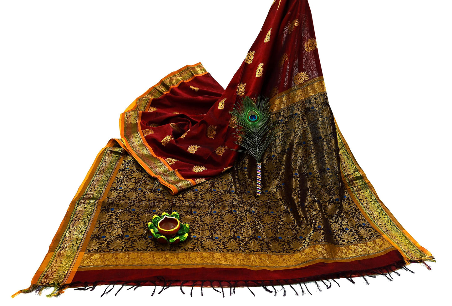Indian Vintage Heavy Maroon & Brown Kanjivaram Saree 100% Pure Silk Sari Zari 5Yd Floral Crafting Dress making Crafting Quilting