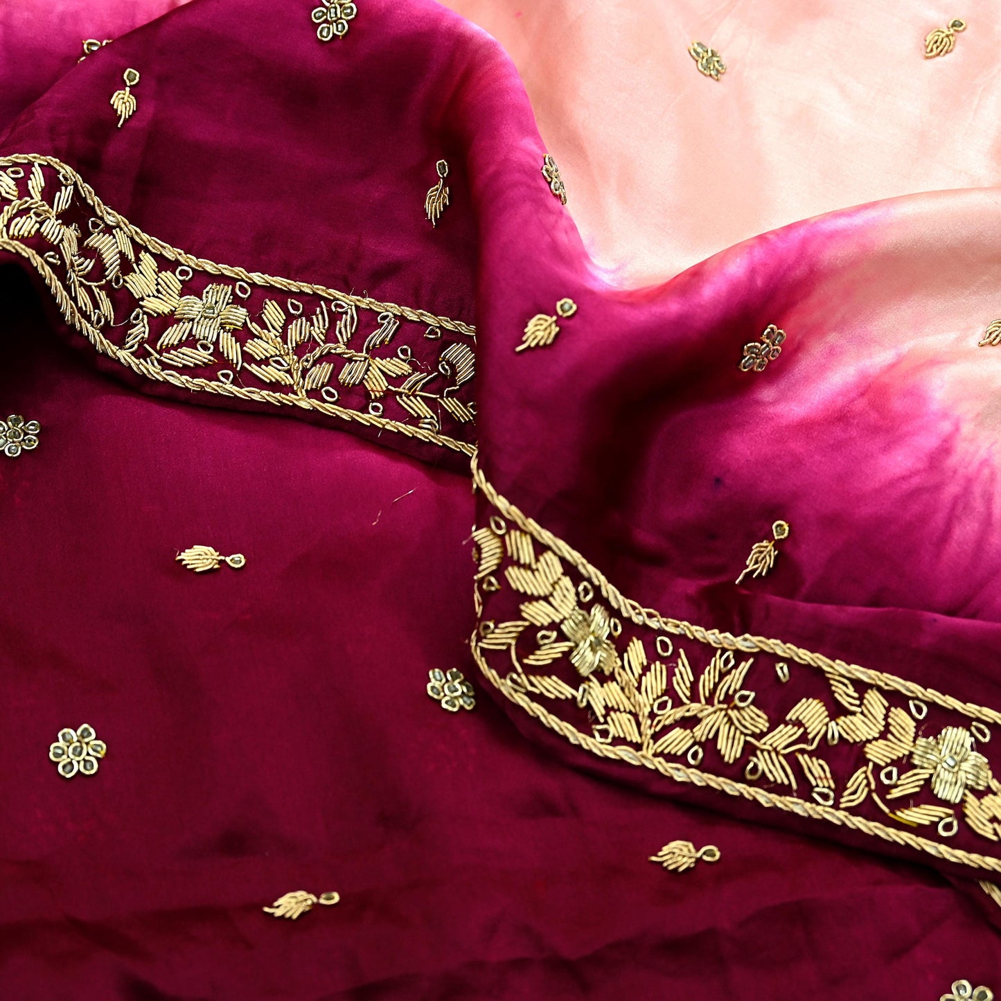 Indian Vintage Heavy Wedding Peach & Maroon Dupatta Pure Satin Silk Long Stole Hand Embroidered Scarves Golden Zardozi Veil