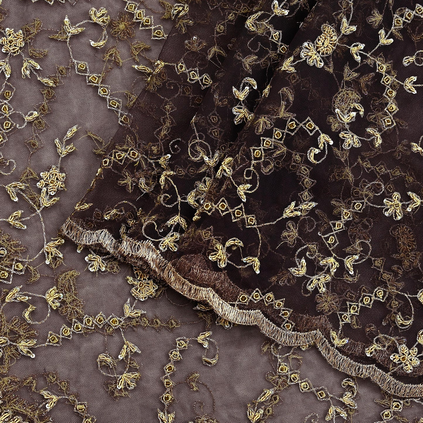 Indian Vintage Heavy Brown Dupatta Net Mesh Long Stole Hand Embroidered Scarf Zardozi Zari Sequins Stole Bridal Veil