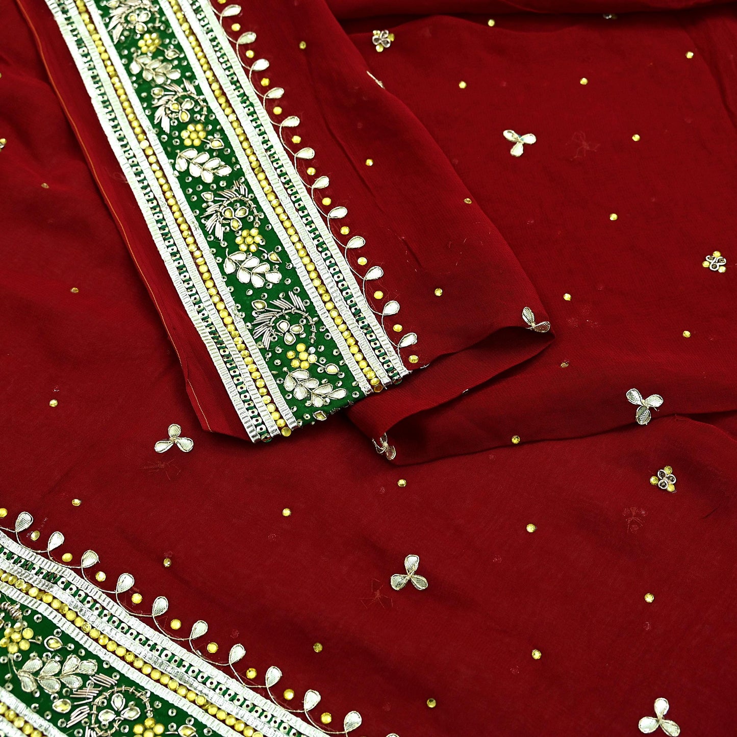 Indian Vintage Heavy Dark Red Dupatta Blend Georgette Long Stole Hand Embroidered Gota Patti Scarves Zardozi Wedding Bridal Veil