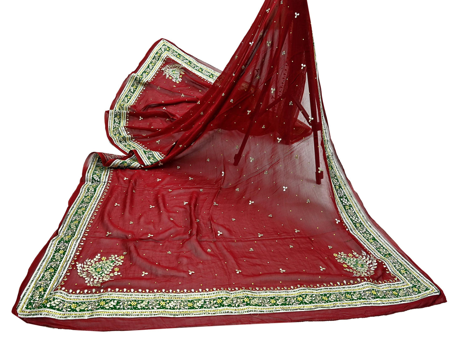 Indian Vintage Heavy Dark Red Dupatta Blend Georgette Long Stole Hand Embroidered Gota Patti Scarves Zardozi Wedding Bridal Veil
