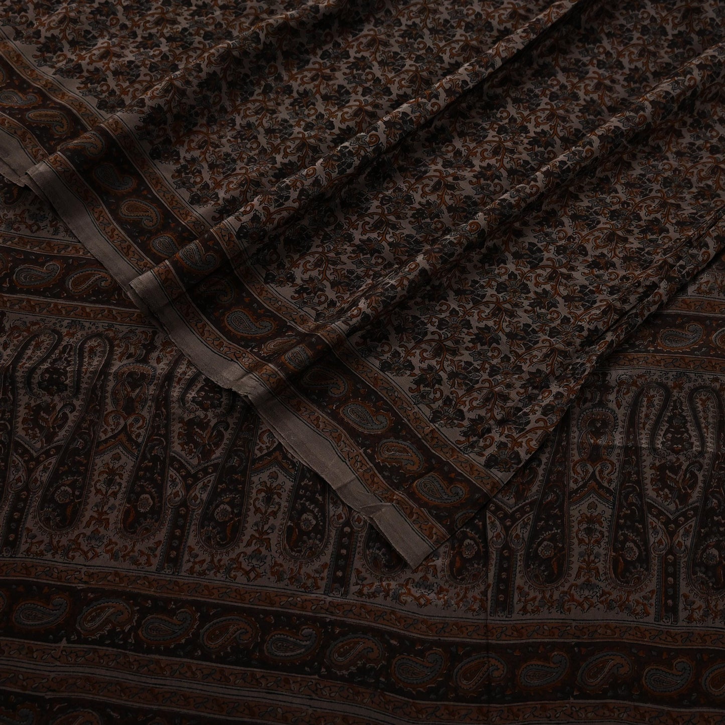 Indian Vintage Brown Saree Pure Crepe Silk Block Printed Sari 5yd Sewing Floral Soft Craft Fabric Wrap Dress Making Crafting Quilting