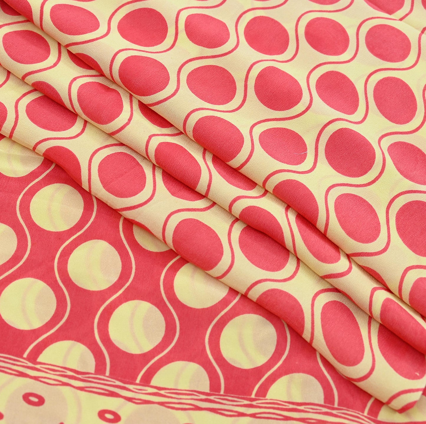 Indian Vintage Saree Yellow & Pink Pure Crepe Silk Printed Sari Fabric 5yd Sewing Soft Craft Fabric Wrap Dress making Quilting Upcycle
