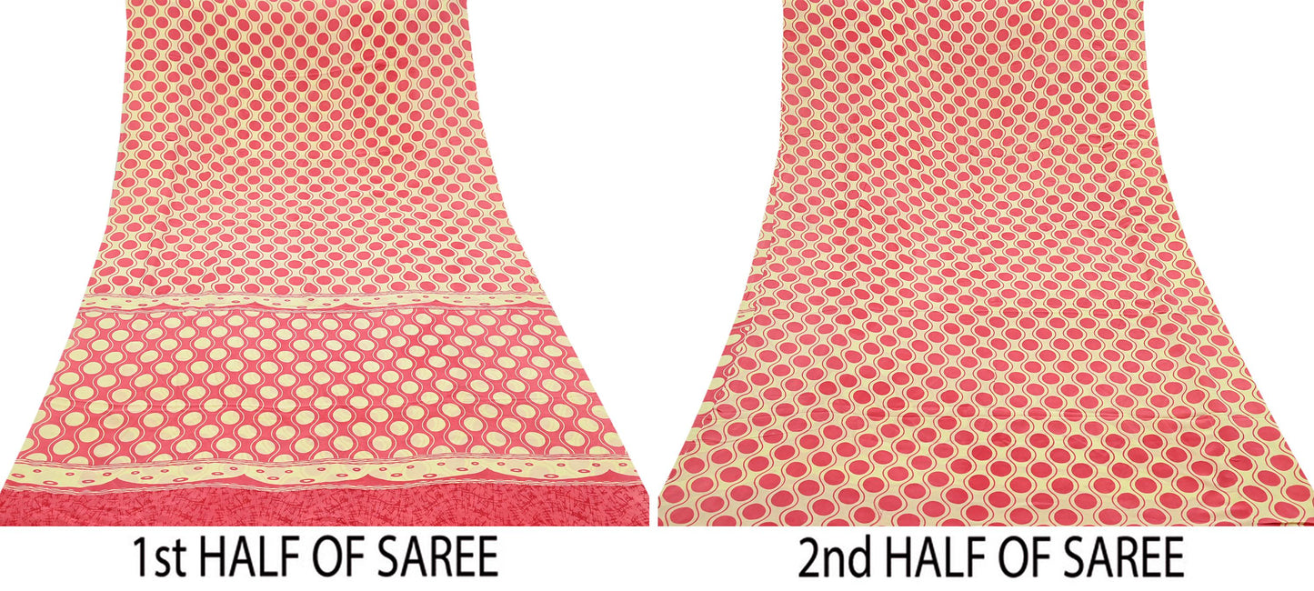 Indian Vintage Saree Yellow & Pink Pure Crepe Silk Printed Sari Fabric 5yd Sewing Soft Craft Fabric Wrap Dress making Quilting Upcycle