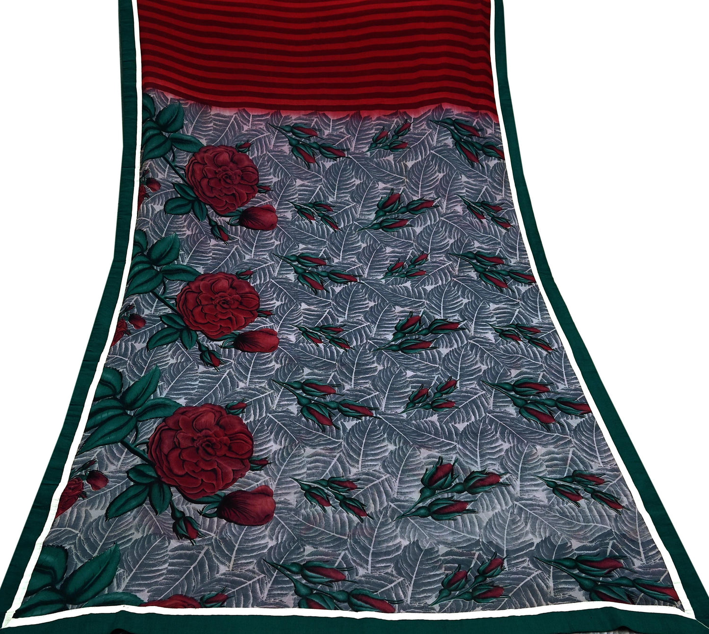 Women Vintage Sari Red & Gray Pure Georgette Silk Printed Saree Craft Fabric Sewing 5Yard Soft Light Dress Making Floral Quilting Crafting