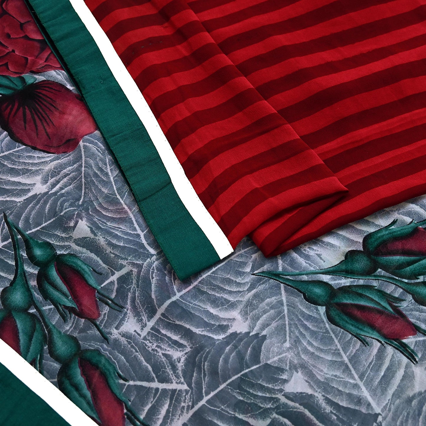 Women Vintage Sari Red & Gray Pure Georgette Silk Printed Saree Craft Fabric Sewing 5Yard Soft Light Dress Making Floral Quilting Crafting